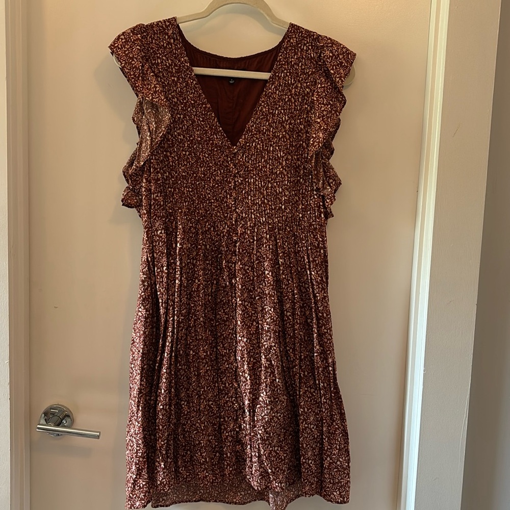 Madewell V-Neck Flutter Sleeve Floral Dress Brown